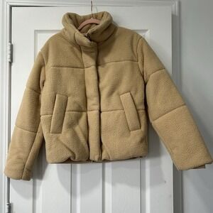 Quince Sherpa Puffer Jacket Womens Tan Minimalist Quiet Luxury Cropped Sz Small